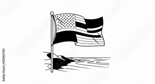 Waving flag on pole over a landscape of water and land