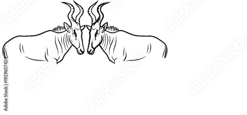 Two stylized antelopes with large horns facing each other, black ink sketch