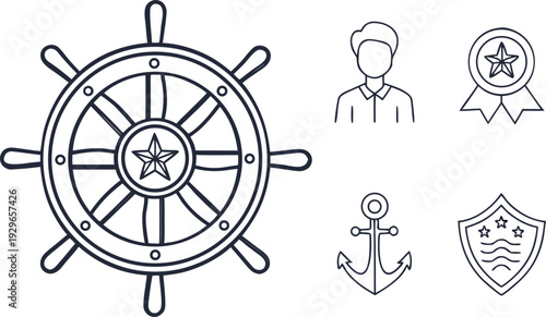 A set of nautical and award icons including a ship wheel, person, star, anchor, and shield