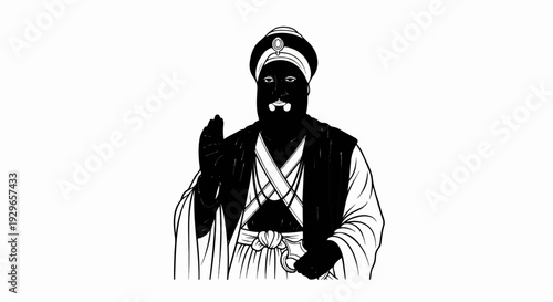 Monochromatic depiction of a man in a turban with a beard and traditional attire