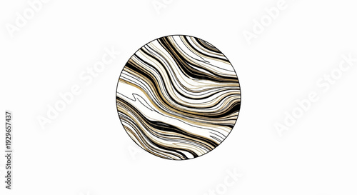Circular abstract design featuring swirling bands of black, gold, and white