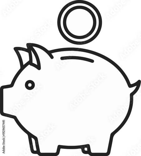 A simple line drawing depicts a piggy bank with a coin about to be deposited