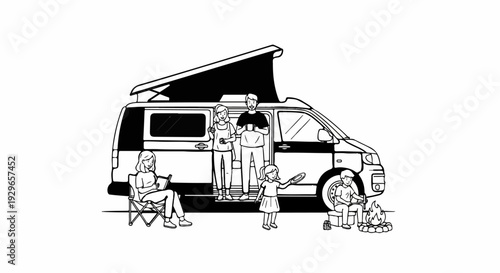 Family camping trip with pop-up camper van and campfire