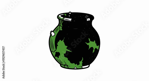 Stylized black pot with green irregular markings and a white rim