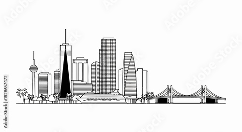 A city skyline with skyscrapers, a cruise ship, a bridge, and palm trees