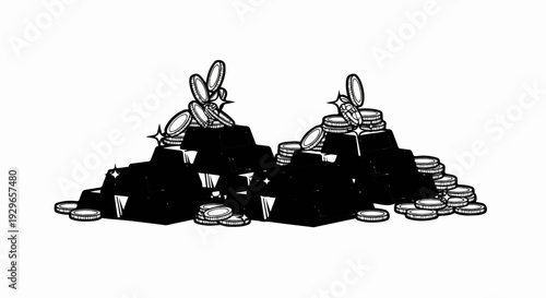 Stacked gold bars and shiny coins, hand-drawn style