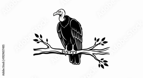 Black and white illustration of a vulture perched on a tree branch