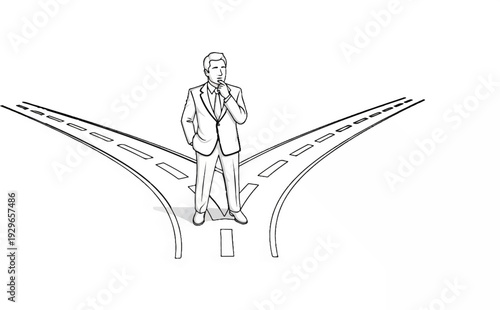 A man in a suit stands at a fork in the road, contemplating his next move