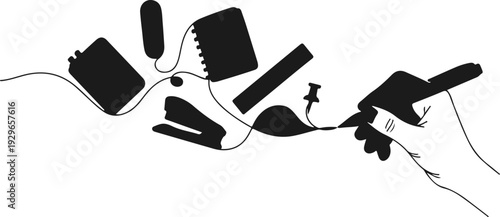 A hand draws a flowing line connecting various office supplies and stationery items