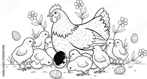 A mother hen watches over her chicks surrounded by Easter eggs and flowers