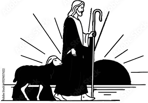 A figure in robes with a shepherd's crook and a lamb beside them