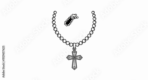 A black and white line drawing of a rosary with a cross pendant and clasp