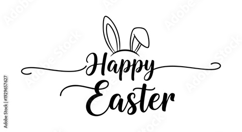 Happy Easter Calligraphy Typography with Bunny Ears Illustration