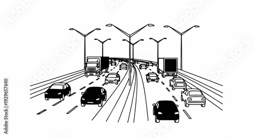Multiple vehicles including cars and trucks navigate a multi-lane highway under streetlights