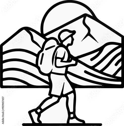 Silhouette of a backpacker hiking against a backdrop of mountains and sun