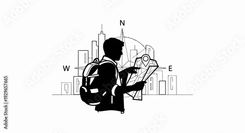 Silhouette of a backpacker studying a map amidst a stylized cityscape with compass directions