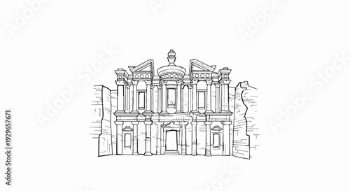 Ornate rock-cut facade with columns and triangular pediments, central dome