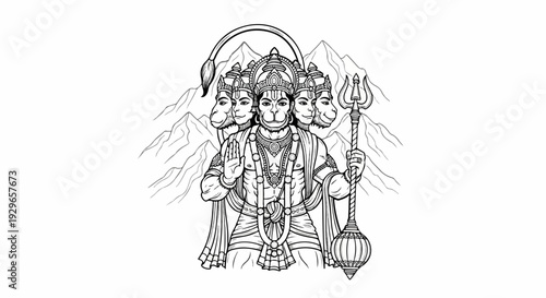 Multi-headed deity figure with a tail, holding a mace and a trident