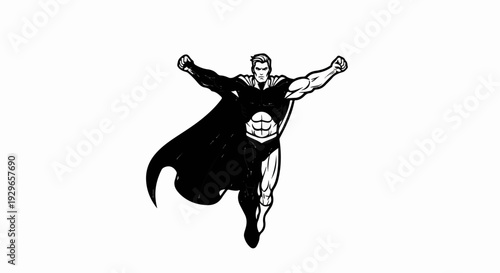 Muscular comic book hero in flight, with a cape and determined expression