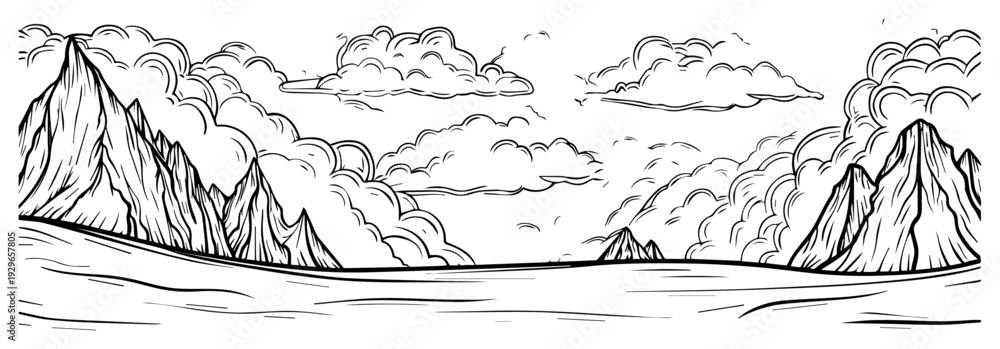 Fototapeta premium Panoramic Mountain Landscape Hand Drawn Sketch Vector, Scenic Nature Peaks and Clouds Ink Drawing Illustration