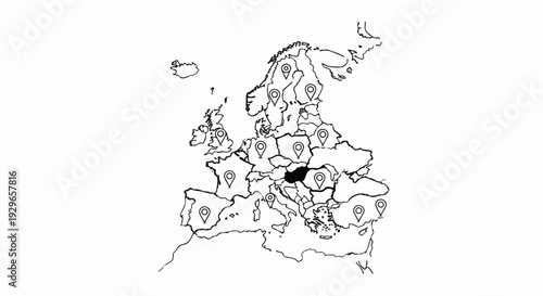 Hand-drawn map of Europe with location pins marking various countries and regions