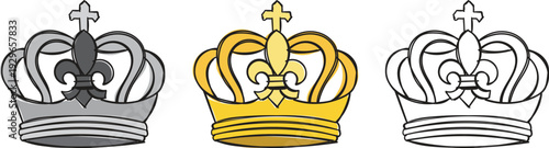 Set of three unique royal crowns in gold silver and black outline style for kingdom and luxury icons