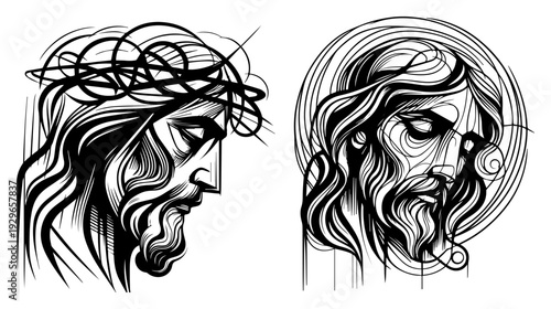 Jesus Christ Stylized Portraits Vector Set, Messiah with Crown of Thorns and Halo Line Art Illustration