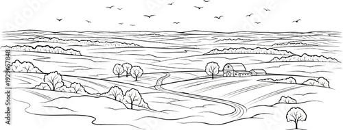 Rolling hills with a farm and winding road under a sky filled with birds