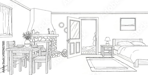 A line drawing of a cozy room with a bed, fireplace, dining table, and open door