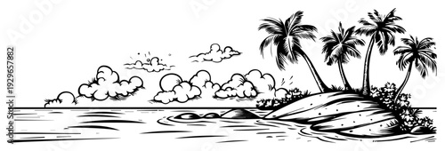 Panoramic Tropical Island Beach with Palm Trees Sketch Vector, Summer Vacation Paradise Coast Illustration