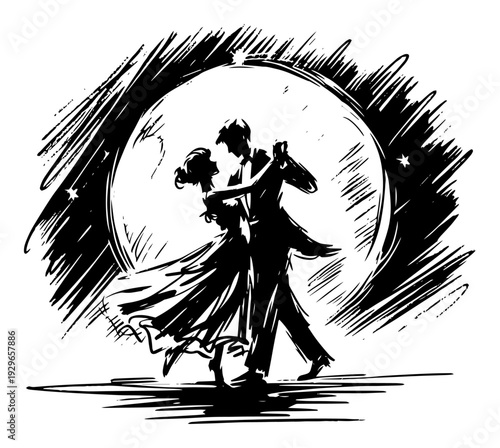 Romantic Couple Dancing Under the Full Moon Vector, Ballroom Waltz Night Scene Sketch, Lovers Silhouette Illustration