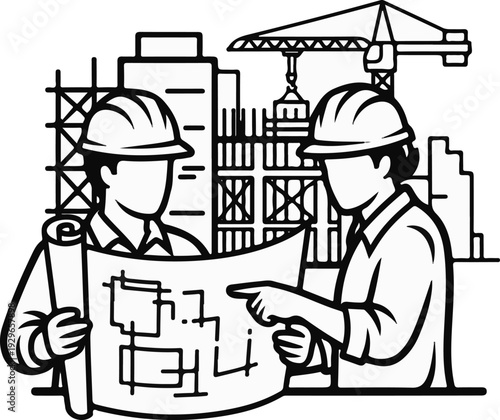 Two workers in hard hats examine blueprints with a construction site behind them