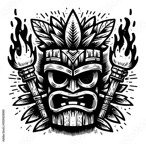 Tiki Mask with Tribal Torches Vector Illustration, Hawaiian Totem Symbol Hand Drawn Woodcut Style Sketch