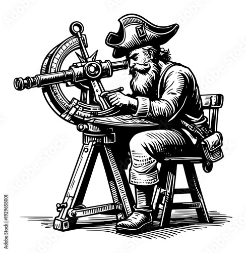 Vintage Pirate Navigator with Astrolabe Sketch Vector, Sea Captain Using Navigation Instrument Woodcut Illustration