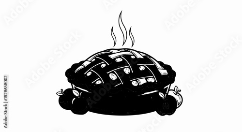 A steaming apple pie with decorative crust and two whole apples