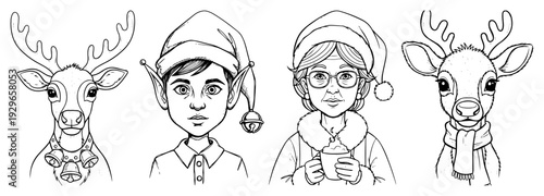 Christmas Character Portraits Set Vector, Reindeer Elf and Mrs Claus Line Art, Holiday Winter Season Hand Drawn Doodles