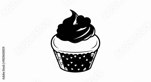 A black and white illustration of a cupcake with dark frosting and heart designs on its wrapper