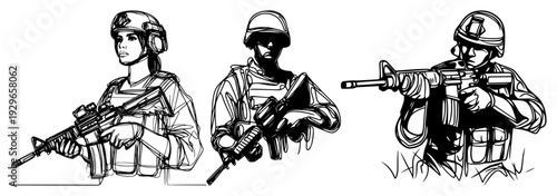 Military Soldiers with Rifles Hand Drawn Sketch Vector, Army Personnel in Combat Gear Tactical Illustration