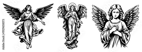 Set of Angels with Wings Vector Illustration, Celestial Heavenly Beings Hand Drawn Sketch, Religious Guardian Angels Engraving