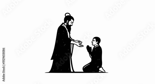 An elder man in traditional robes offers a small object to a kneeling younger man