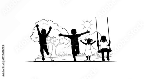 Black silhouettes of joyful children playing outdoors in the sun near trees and a swing