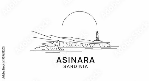 Stylized line drawing of a coastal landscape with a lighthouse