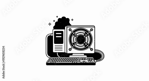 Vintage computer system with a large fan, emitting smoke and sparkles