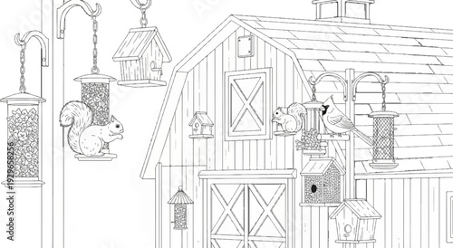 Barnyard scene with squirrels and a cardinal at bird feeders