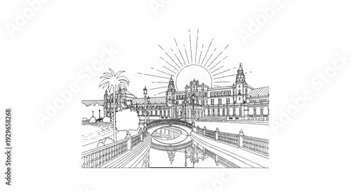 Ornate building with sunburst and reflection in water, palm tree