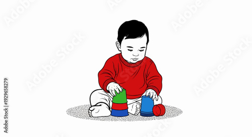 A toddler in a red sweater plays with colorful stacking cups and a ball