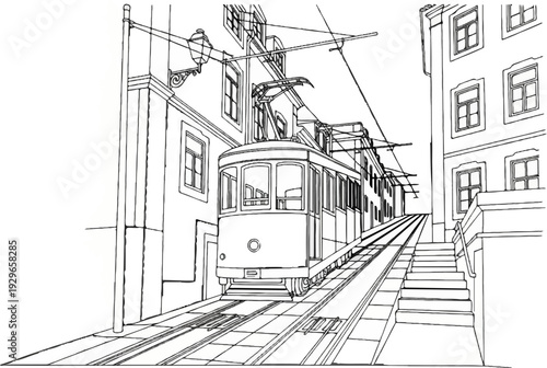Sketch of a vintage tram ascends a steep, narrow city street lined with buildings