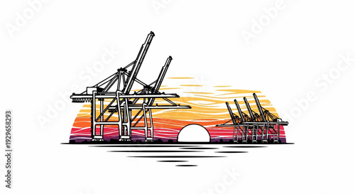 Large cargo cranes at a port during a vibrant sunset