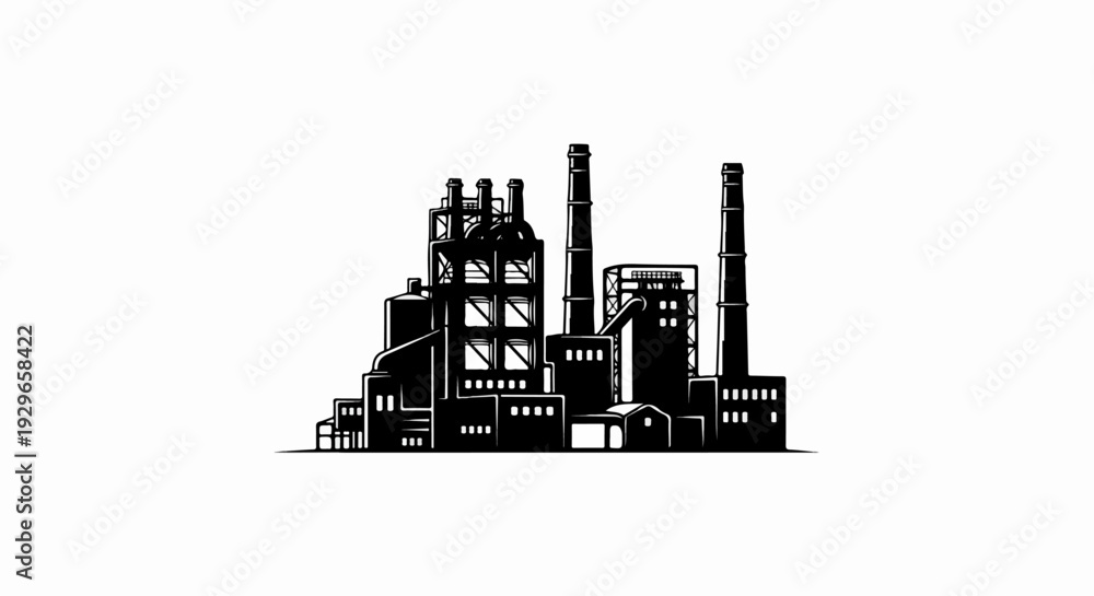 Obraz premium Stylized black and white illustration of a large industrial factory complex with smokestacks