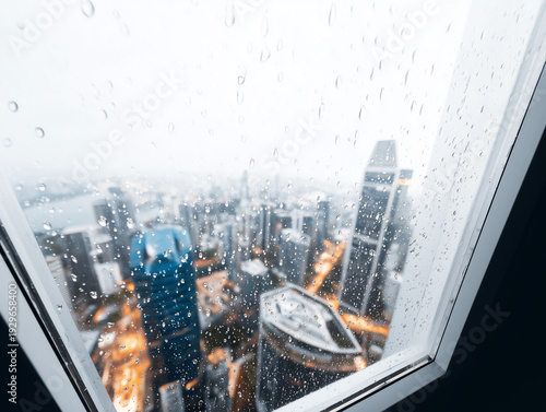 Rainy City Skyline Through Window Glass